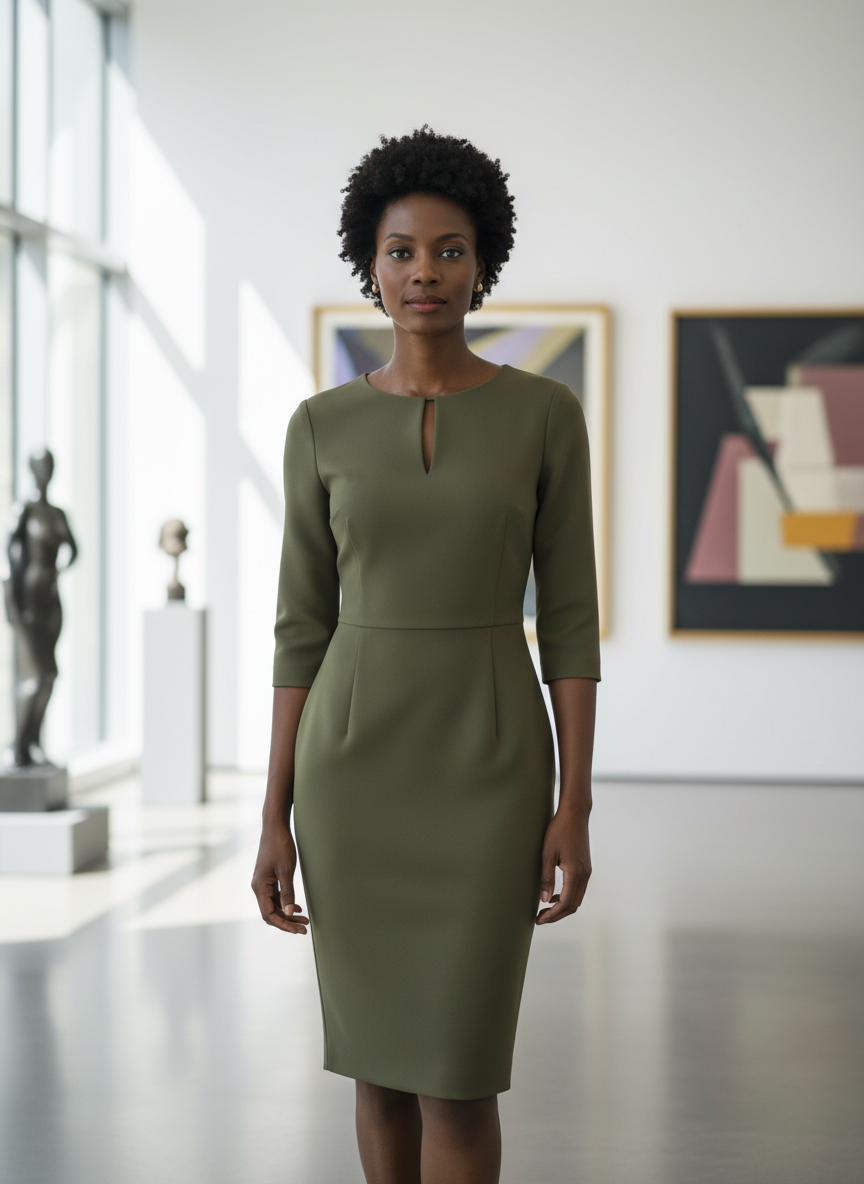 AI illustration of the Moss Olive Signature Notch Ponte Dress, front view