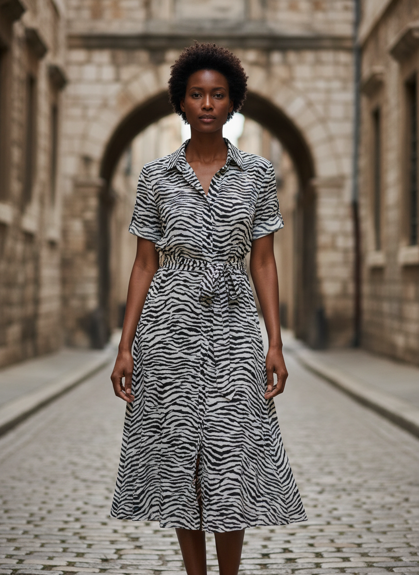 AI illustration of the Zebra Print Button-Front Georgette Shirt Dress, front view